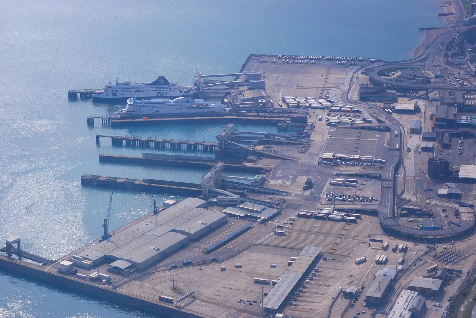 Aerial view of the ferry terminal and docks at Dover